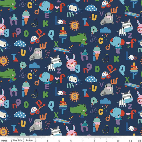 Let's Play Alphabet C11882 Navy - Riley Blake Designs - Fisher-Price Animals Toys Letters - Quilting Cotton Fabric - Licensed Product