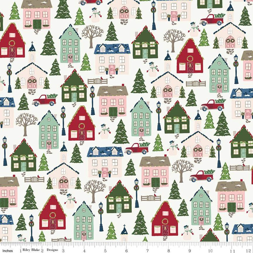 Christmas Village Main C12240 Off White - Riley Blake Designs - Houses Trees Snowmen Churches Trucks  - Quilting Cotton Fabric