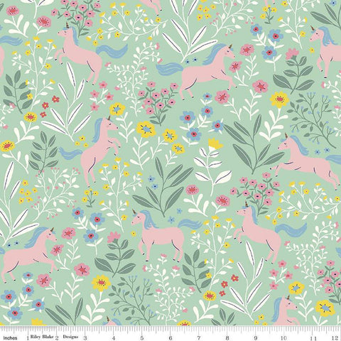 SALE FLANNEL Unicorns F12000 Sweet Mint - Riley Blake Designs - Juvenile Unicorns Flowers Trees Green - FLANNEL Cotton Fabric