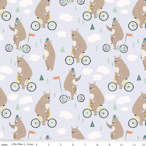 CLEARANCE FLANNEL Bear on a Bike F12002 Lavender - Riley Blake Designs - Children's Bears Bicycles Clouds Trees - FLANNEL Cotton Fabric