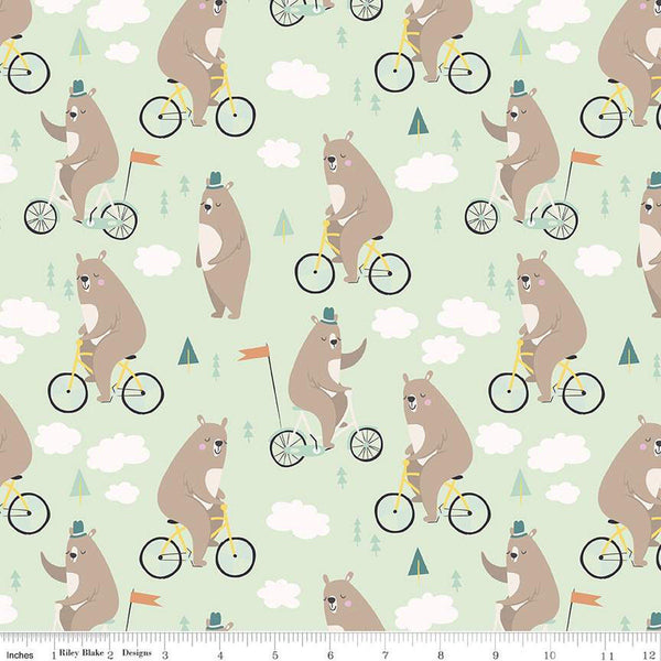 29" End of Bolt - SALE FLANNEL Bear on a Bike F12002 Leaf - Riley Blake - Children's Bears Bicycles Clouds Trees - FLANNEL Cotton Fabric