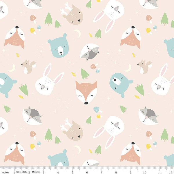 SALE FLANNEL Cute Critters F12004 Blush - Riley Blake Designs - Children's Animals Mushrooms Moons Trees Leaves - FLANNEL Cotton Fabric