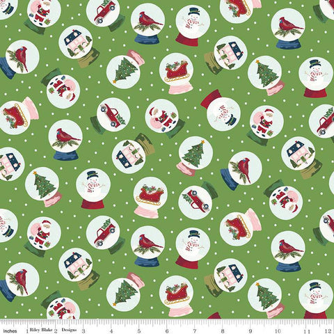 19" End of Bolt - CLEARANCE Christmas Village Snow Globes C12242 Green - Riley Blake -  Sleighs Snowmen Santa Birds - Quilting Cotton Fabric