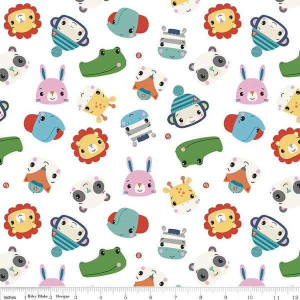 CLEARANCE FLANNEL Let's Play Heads F12013 White - Riley Blake Designs - Fisher-Price Animals - FLANNEL Cotton Fabric - Licensed Product