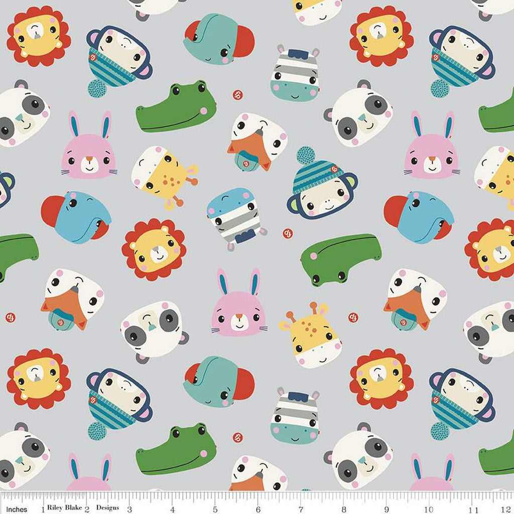 14 End of Bolt Piece - CLEARANCE FLANNEL Let's Play Heads F12013 Gray -  Riley Blake Designs - Fisher-Price Animals - FLANNEL Cotton Fabric