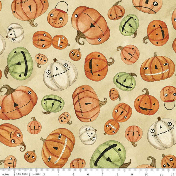 SALE Halloween Whimsy Pumpkins C11821 Parchment - Riley Blake Designs - Jack-o-Lanterns - Quilting Cotton Fabric