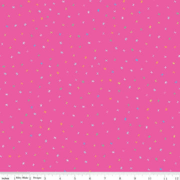 SALE Sunshine Blvd Sparkles C12105 Fuchsia - Riley Blake - Sunshine Boulevard Crosses Asterisks Non-Metallic Pink - Quilting Cotton Fabric