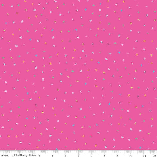 SALE Sunshine Blvd Sparkles C12105 Fuchsia - Riley Blake - Sunshine Boulevard Crosses Asterisks Non-Metallic Pink - Quilting Cotton Fabric