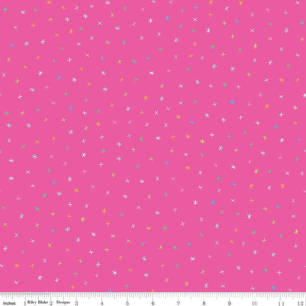 SALE Sunshine Blvd Sparkles C12105 Fuchsia - Riley Blake - Sunshine Boulevard Crosses Asterisks Non-Metallic Pink - Quilting Cotton Fabric