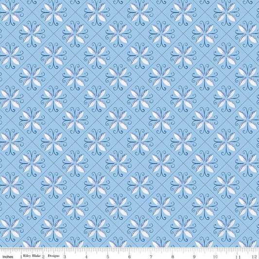 CLEARANCE Sunshine & Dewdrops Tile C11971 Sky - Riley Blake Designs - Geometric Leaf Medallions Blue - Quilting Cotton Fabric