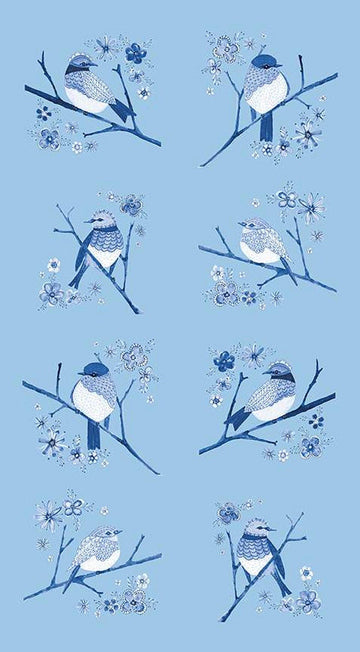DEAL Sunshine & Dewdrops Birds Panel P11978 Sky - Riley Blake - Bird Branches Flowers Blue - Quilting Cotton Fabric