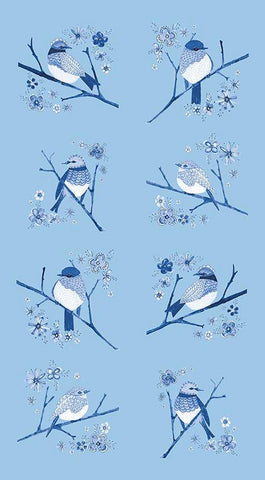 SALE Sunshine and Dewdrops Birds Panel P11978 Sky by Riley Blake - Bird Branches Flowers Blue - Quilting Cotton Fabric