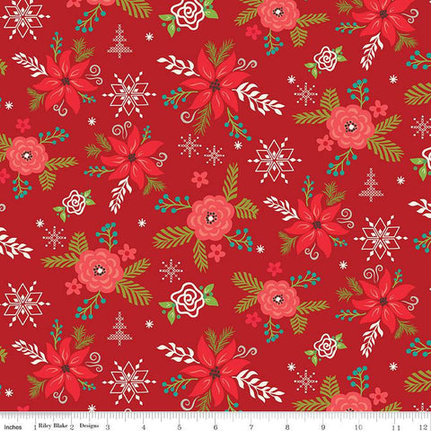 Winter Wonder Main C12060 Dark Red - Riley Blake Designs - Christmas Floral Flowers Pine Needles Berries - Quilting Cotton Fabric