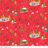 SALE Winter Wonder Winter Scene C12061 Red - Riley Blake Designs - Christmas Cabins Trees Snowmen Skating Sledding - Quilting Cotton Fabric