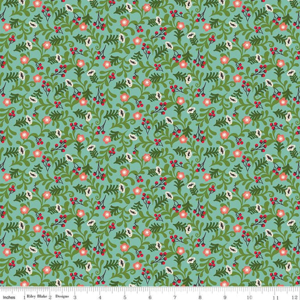 Winter Wonder Floral C12063 Aqua - Riley Blake Designs - Christmas Leaves Flowers Berries - Quilting Cotton Fabric