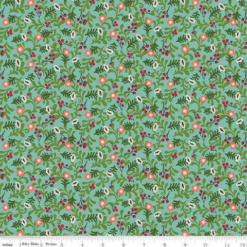 Winter Wonder Floral C12063 Aqua - Riley Blake Designs - Christmas Leaves Flowers Berries - Quilting Cotton Fabric