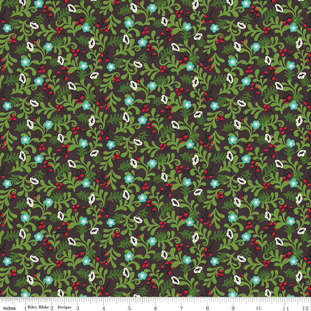 Winter Wonder Floral C12063 Charcoal - Riley Blake Designs - Christmas Leaves Flowers Berries - Quilting Cotton Fabric