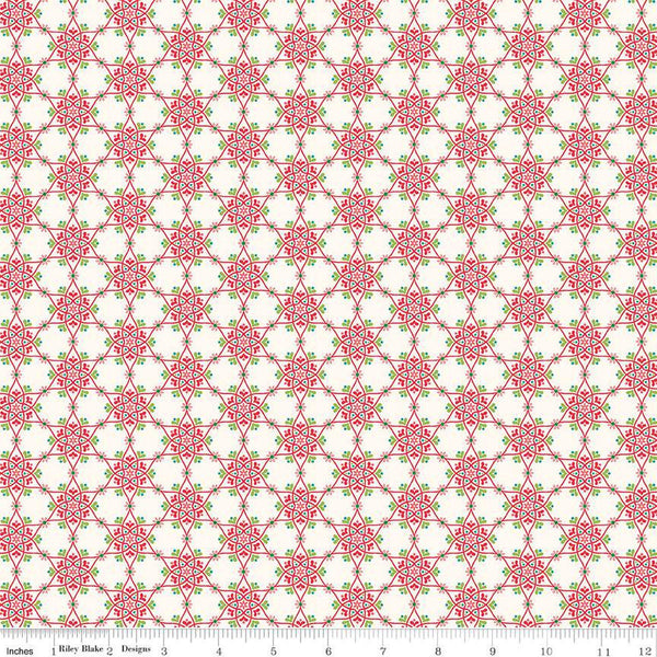 SALE Winter Wonder Medallion C12064 Cream - Riley Blake - Christmas Floral Flowers Berries Leaves Snowflakes - Quilting Cotton Fabric