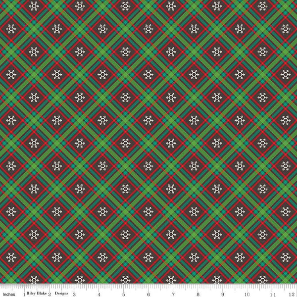 SALE Winter Wonder Plaid C12067 Charcoal - Riley Blake Designs - Christmas Diagonal White Snowflakes - Quilting Cotton Fabric