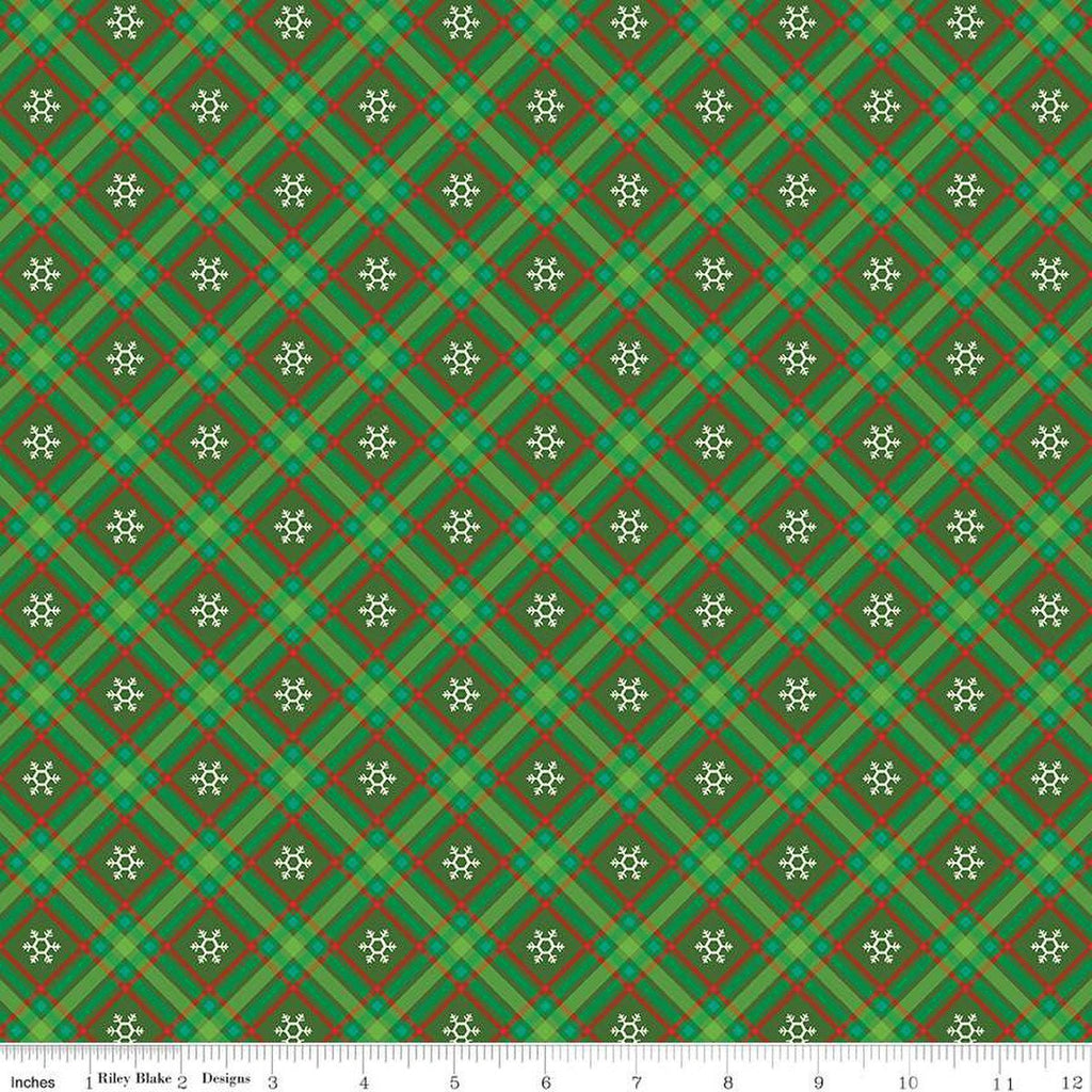 Winter Wonder Plaid C12067 Green - Riley Blake Designs - Christmas Diagonal White Snowflakes - Quilting Cotton Fabric
