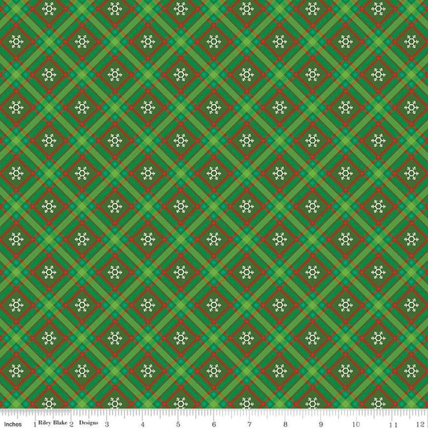 SALE Winter Wonder Plaid C12067 Green - Riley Blake Designs - Christmas Diagonal White Snowflakes - Quilting Cotton Fabric