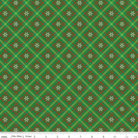 Winter Wonder Plaid C12067 Green - Riley Blake Designs - Christmas Diagonal White Snowflakes - Quilting Cotton Fabric