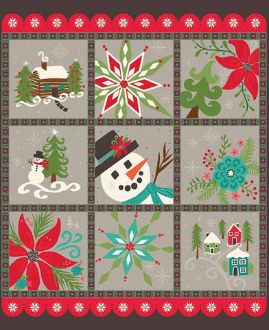 SALE Winter Wonder Panel P12069 Gray by Riley Blake Designs - Christmas Snowman Flowers Snowflakes Cabin - Quilting Cotton Fabric