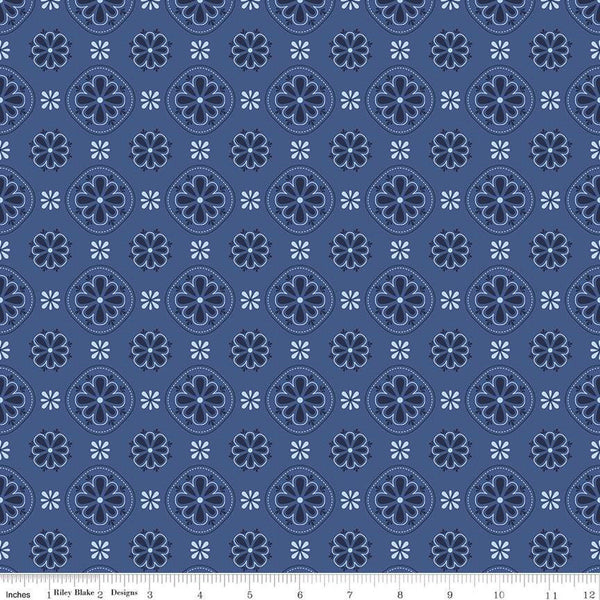 Picadilly Bandana C11891 Denim - Riley Blake Designs - Patriotic Independence Day Floral Medallions Blue - Quilting Cotton Fabric