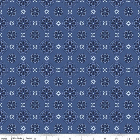 Picadilly Bandana C11891 Denim - Riley Blake Designs - Patriotic Independence Day Floral Medallions Blue - Quilting Cotton Fabric