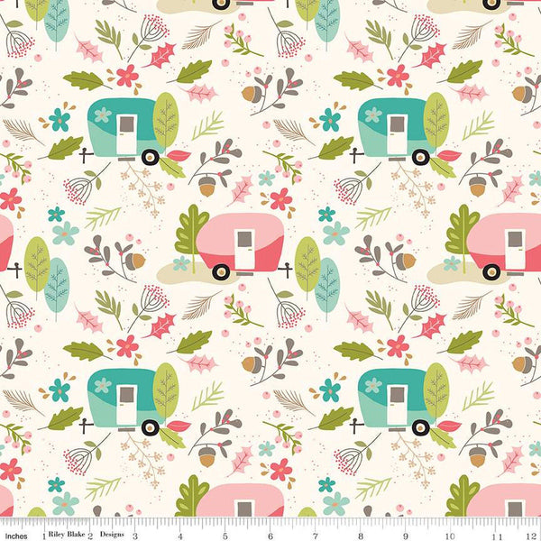 SALE Glamp Camp Main C12350 Cream - Riley Blake Designs - Glam Camping Glamping Trailers Flowers Leaves - Quilting Cotton Fabric