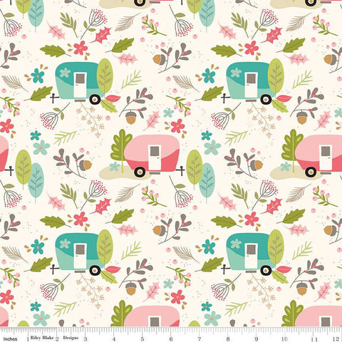 Glamp Camp Main C12350 Cream - Riley Blake Designs - Glam Camping Glamping Trailers Flowers Leaves - Quilting Cotton Fabric