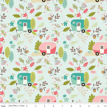 SALE Glamp Camp Main C12350 Mint - Riley Blake Designs - Glam Camping Glamping Trailers Flowers Leaves Green - Quilting Cotton Fabric