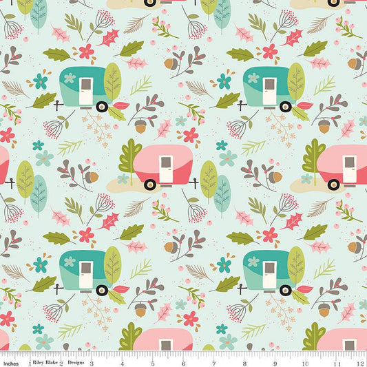 SALE Glamp Camp Main C12350 Mint - Riley Blake Designs - Glam Camping Glamping Trailers Flowers Leaves Green - Quilting Cotton Fabric