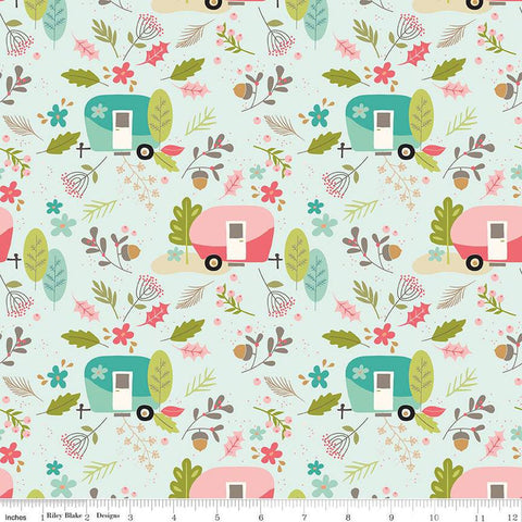 Glamp Camp Main C12350 Mint - Riley Blake Designs - Glam Camping Glamping Trailers Flowers Leaves Green - Quilting Cotton Fabric