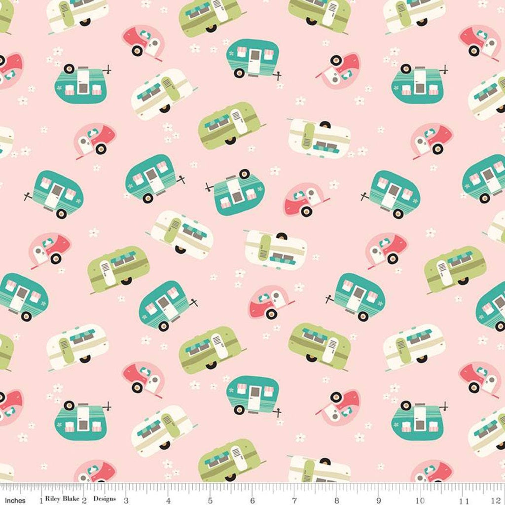 Glamp Camp Trailers C12351 Pink - Riley Blake Designs - Glam Camping Glamping Camper Trailer Flowers - Quilting Cotton Fabric