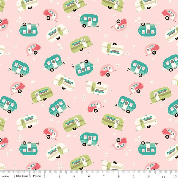 Fat Quarter End of Bolt - SALE Glamp Camp Trailers C12351 Pink - Riley Blake - Glam Camping Camper Trailer Flowers - Quilting Cotton Fabric