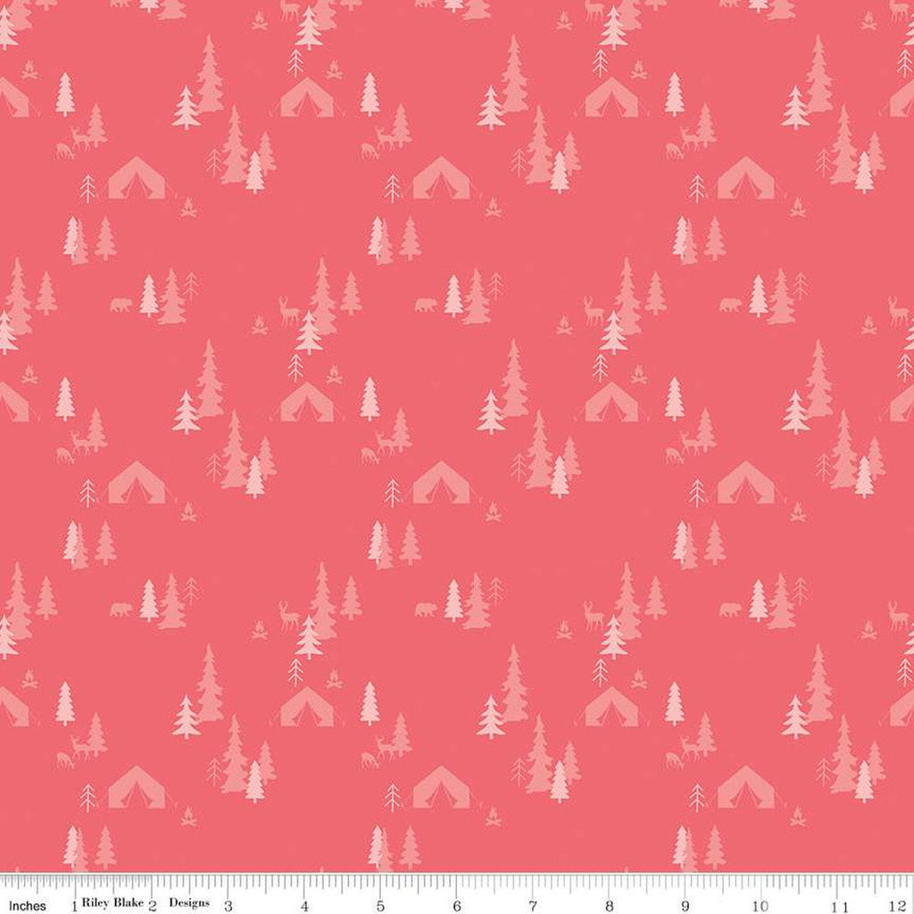 Glamp Camp Tent Pines C12352 Raspberry - Riley Blake Designs - Glam Camping Glamping Trees Bears Deer Tents - Quilting Cotton Fabric