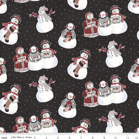 SALE FLANNEL Hello Winter Main F11940 Black - Riley Blake Designs - Christmas Snowmen Peace Love Joy Stockings Birds - FLANNEL Cotton Fabric