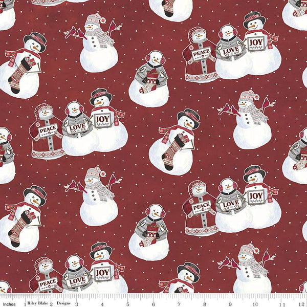 SALE FLANNEL Hello Winter Main F11940 Red - Riley Blake Designs - Christmas Snowmen Peace Love Joy Stockings Birds - FLANNEL Cotton Fabric