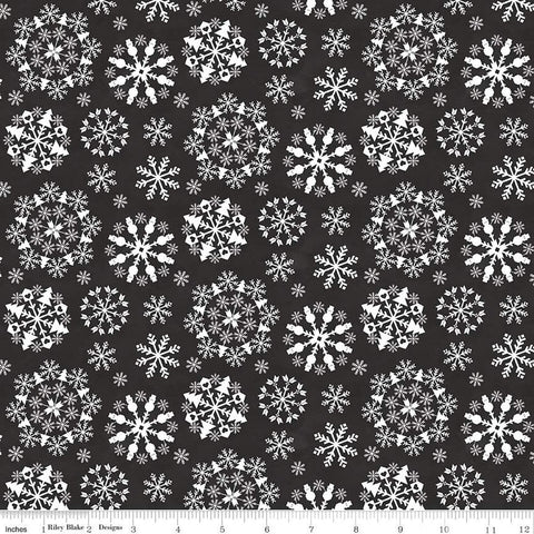 28" End of Bolt - FLANNEL Hello Winter Snowflakes F11943 Black - Riley Blake Designs - Christmas White on Black - FLANNEL Cotton Fabric