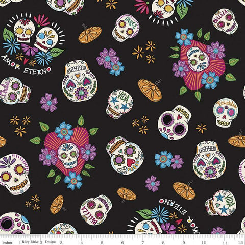 Amor Eterno Skulls C11811 Black - Riley Blake Designs - Eternal Love Dia de Muertos Sugar Skulls Mexico - Quilting Cotton Fabric