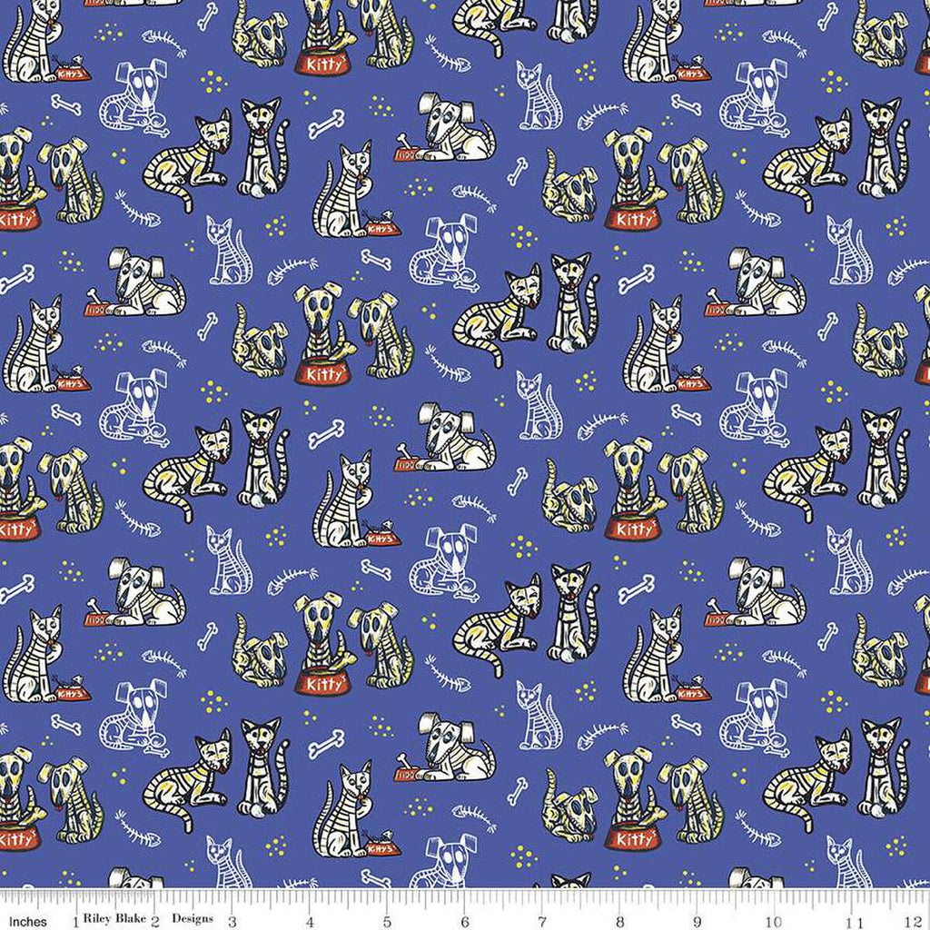 CLEARANCE Amor Eterno Cats and Dogs C11812 Blue - Riley Blake Designs - Eternal Love Dia de Muertos Skeletons - Quilting Cotton Fabric