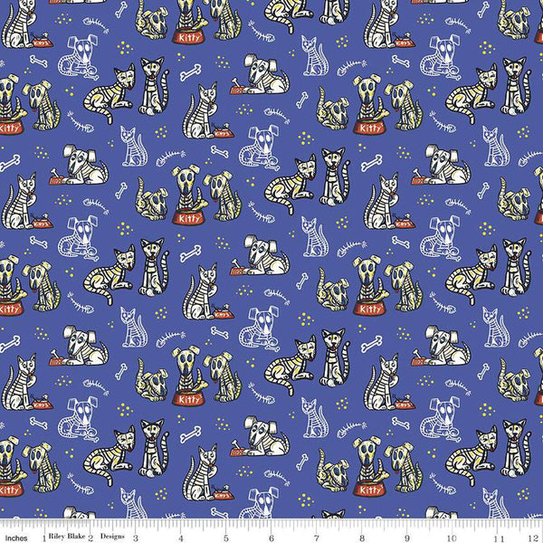 CLEARANCE Amor Eterno Cats and Dogs C11812 Blue - Riley Blake Designs - Eternal Love Dia de Muertos Skeletons - Quilting Cotton Fabric