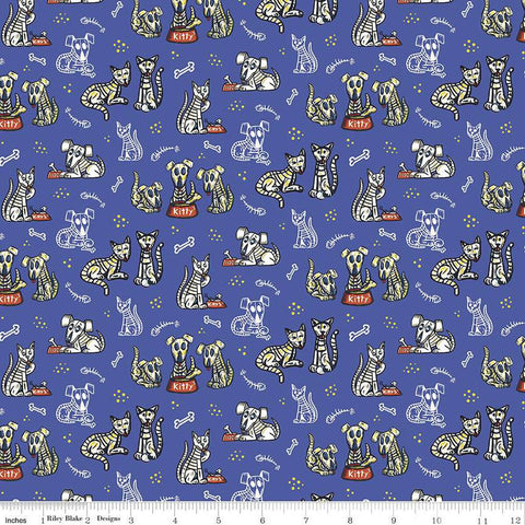 CLEARANCE Amor Eterno Cats and Dogs C11812 Blue - Riley Blake Designs - Eternal Love Dia de Muertos Skeletons - Quilting Cotton Fabric