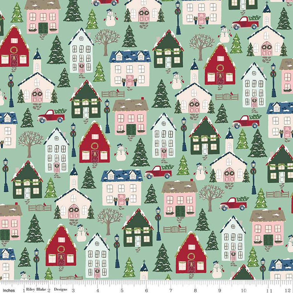 Christmas Village Main C12240 Sea Glass - Riley Blake Designs - Houses Trees Snowmen Churches Trucks  - Quilting Cotton Fabric