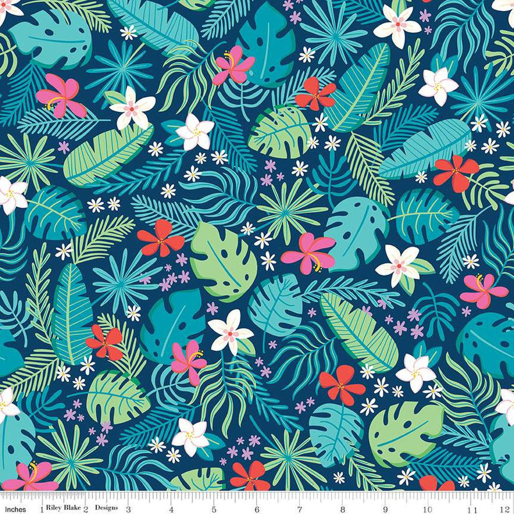 Sunshine Blvd Main C12100 Navy - Riley Blake Designs - Sunshine Boulevard Floral Flowers Leaves Blue - Quilting Cotton Fabric