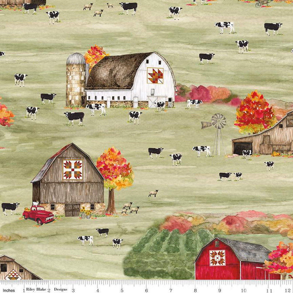 Fall Barn Quilts Main CD12200 Olive - Riley Blake Designs - DIGITALLY PRINTED Autumn Barns Cows Windmills - Quilting Cotton Fabric