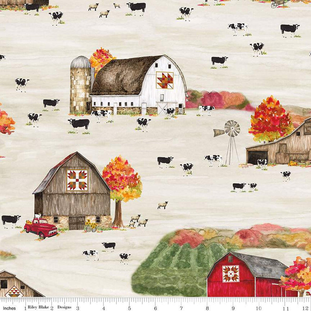Fall Barn Quilts Main CD12200 Parchment - Riley Blake Designs - DIGITALLY PRINTED Autumn Barns Cows Sheep Windmills - Quilting Cotton