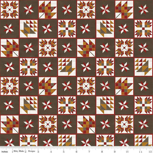 33" End of Bolt - CLEARANCE Fall Barn Quilts Blocks C12201 Brown- Riley Blake -Autumn Printed Leaf Basket Star Quilt Blocks- Quilting Cotton