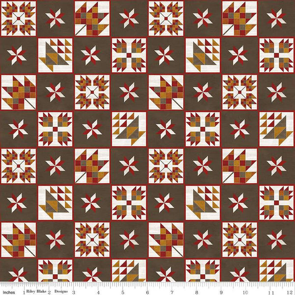 CLEARANCE Fall Barn Quilts Blocks C12201 Brown - Riley Blake Designs - Autumn Printed Leaf Basket Star Quilt Blocks - Quilting Cotton Fabric